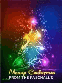 a colorful christmas tree with the words merry christmas from the paschal 's below it