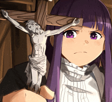a girl with purple hair is holding a statue of jesus