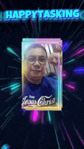 a picture of a man wearing a blue shirt that says jesus christ