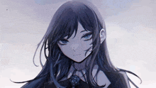 a girl with long black hair and blue eyes is wearing a suit and tie