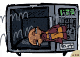 a cartoon drawing of a man laying in a microwave with a start button in the corner