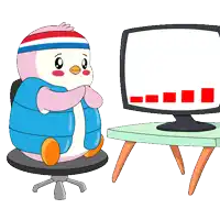 a cartoon of a penguin with dollar signs on its eyes sitting in front of a computer