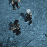 a video game character is holding a large sword while standing on a rocky surface