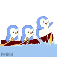 three penguins are in a canoe with the word pengu on the bottom right