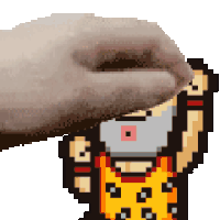 a pixel art drawing of a hand holding a cartoon character