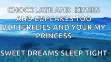 a blue ocean with the words chocolate and kisses and cupcakes too butterflies and your my princess sweet dreams sleep tight