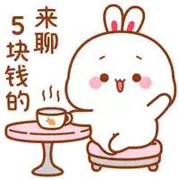 a cartoon rabbit is sitting at a table with a cup of tea