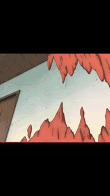 a cartoon drawing of a room with a door and mountains coming out of it