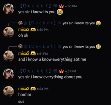 a screenshot of a text conversation between mixa2 and decket