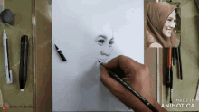 a person is drawing a woman 's face with a pencil