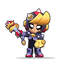 a cartoon character from a video game is holding a hammer and a sword .