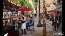 a painting of people sitting at tables with the words made in animotica below it