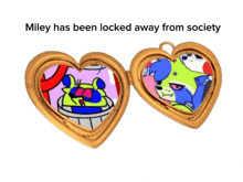 a heart shaped locket with a picture of miley and a dog