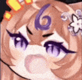 a close up of a cartoon character with purple eyes and a purple swirl on her head .