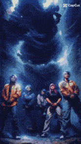 a group of people are standing in front of a painting that says copcue on it
