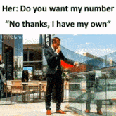 a man in a suit stands on a balcony smoking a cigarette with the caption " her do you want my number "