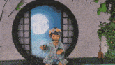 a cartoon character is standing in front of a window with a full moon behind it .