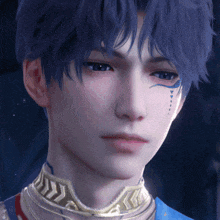 a close up of a person with blue hair