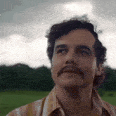 a man with a mustache is standing in a field looking up .