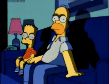 bart simpson and homer simpson are sitting on a blue couch