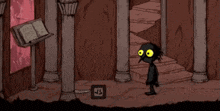 a cartoon character with yellow eyes is standing in a dark room