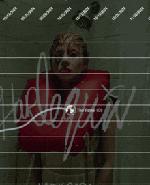 a picture of harley quinn in a shower with a red life preserver