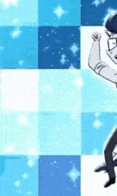 a man with glasses is dancing in front of a checkered background