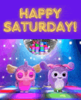 a happy saturday greeting card with two stuffed animals dancing in front of a disco ball