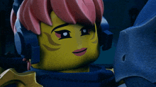 a close up of a lego character with a shocked look on her face