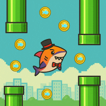 a cartoon shark wearing a top hat and bow tie is surrounded by coins