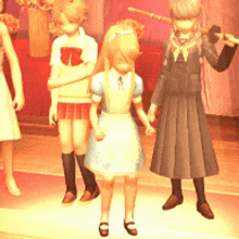 a girl in a blue dress is dancing in a room with other girls