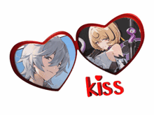 a couple of hearts with the word kiss in red