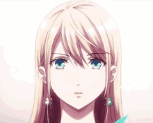 a close up of a girl with long blonde hair and earrings