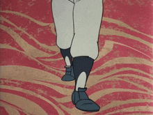 a cartoon drawing of a person 's legs walking on a red and brown background