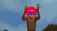 a cartoon character wearing sunglasses and a pink mask is flying through the air .