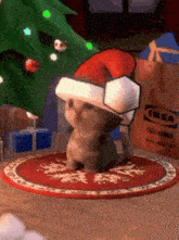 a cartoon dog wearing a santa hat is sitting on a rug in front of an ikea bag