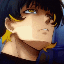 a close up of a cartoon character 's face with yellow hair