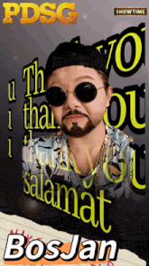 a man with a beard wearing sunglasses and a hat says " thank you "
