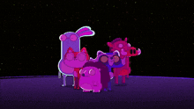 a group of cartoon characters standing in front of a green light
