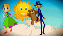 a cartoon of a girl a cat and a teddy bear with the sun in the background
