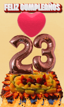 a birthday cake with the number 23 balloons on top