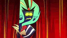 a cartoon character is peeking out from behind a curtain