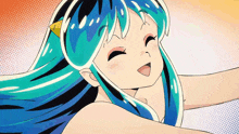 a girl with long blue hair and horns is smiling