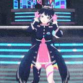 a girl in a pink and black outfit with headphones on