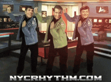 three men are dancing in front of a nycrhythm.com advertisement