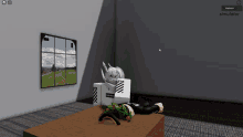 a screenshot of a video game shows a person laying on a table with a box that says supreme on it