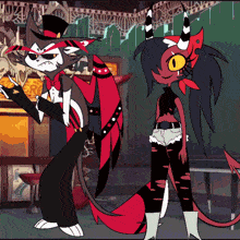 a couple of cartoon characters standing next to each other one of which is a cat