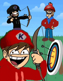 a cartoon character with a k on his hat is holding a bow and arrow in front of a target