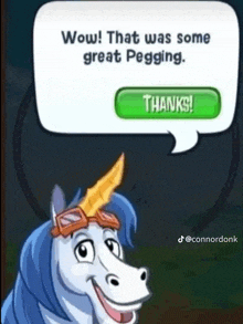 a cartoon unicorn with a speech bubble and a button that says thanks .