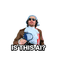 a man holding a magnifying glass with the words is this ai behind him